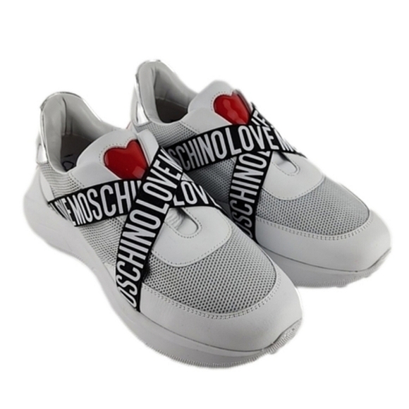LOVE MOSCHINO Logo Women's White Chunky Slip On Sneakers Leather Logo Band Sz 38 - Picture 4 of 16